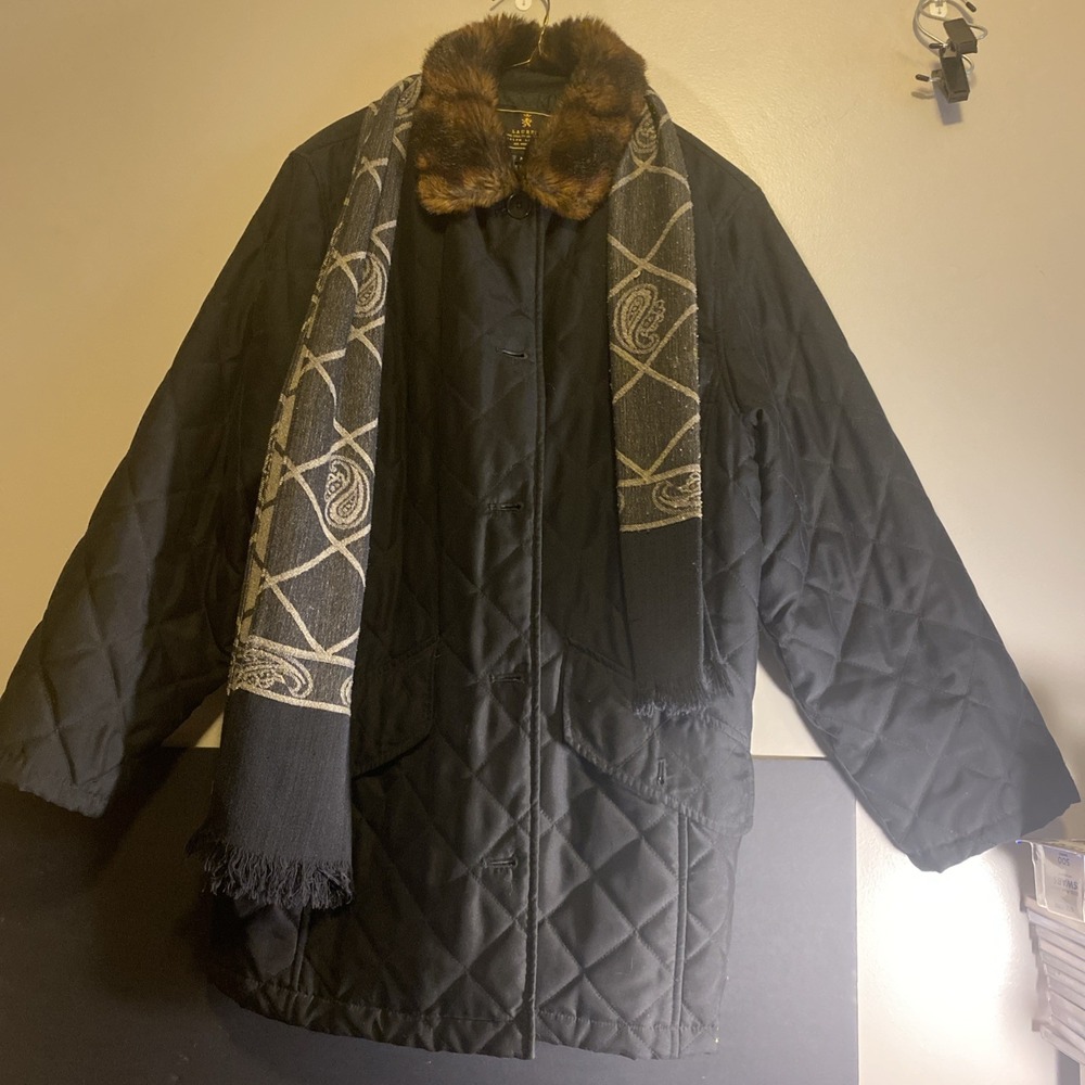 LAUREN Ralph Lauren Label Black Quilted Jacket Fur Collar Coat Button SZ M